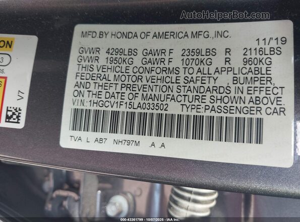 1HGCV1F15LA033502 2020 HONDA ACCORD Gray Widok komory silnika
