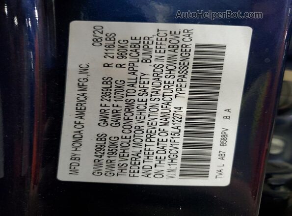 1HGCV1F15LA122714 2020 HONDA ACCORD Blue Շարժիչի բաժամունքի տեսք