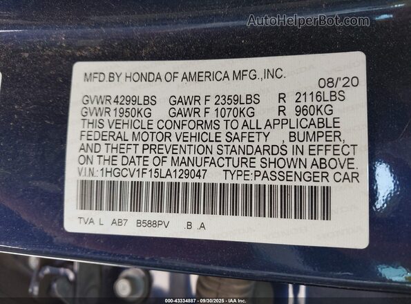 1HGCV1F15LA129047 2020 HONDA ACCORD Blue Engine compartment view