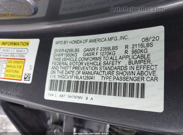 1HGCV1F16LA125041 2020 HONDA ACCORD Gray Engine compartment view