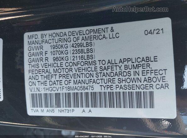 1HGCV1F18MA058475 2021 HONDA ACCORD Black 