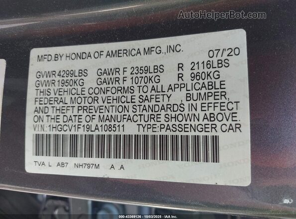 1HGCV1F19LA108511 2020 HONDA ACCORD Gray Engine compartment view
