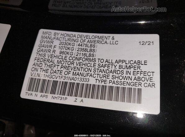 1HGCV1F31NA013333 2022 HONDA ACCORD Черный Вид подкапотного пространства