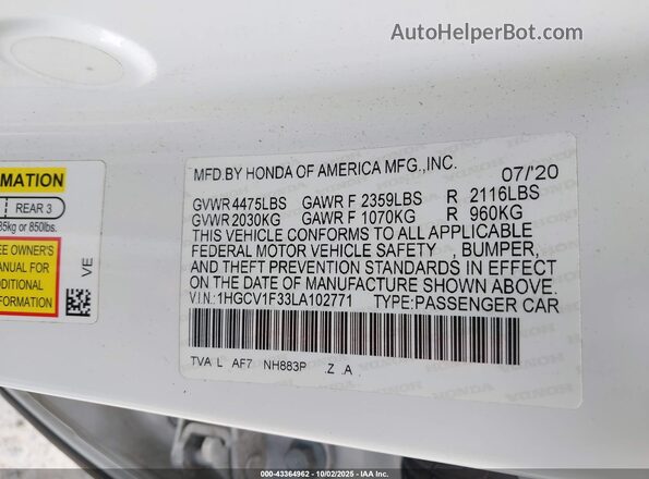 1HGCV1F33LA102771 2020 HONDA ACCORD White Engine compartment view