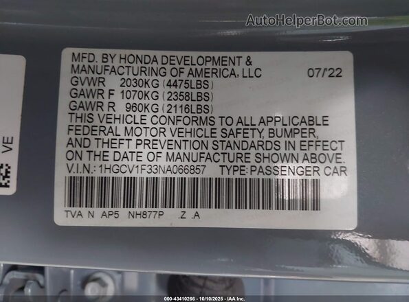 1HGCV1F33NA066857 2022 HONDA ACCORD Gray ძრავის განყოფილების ხედი