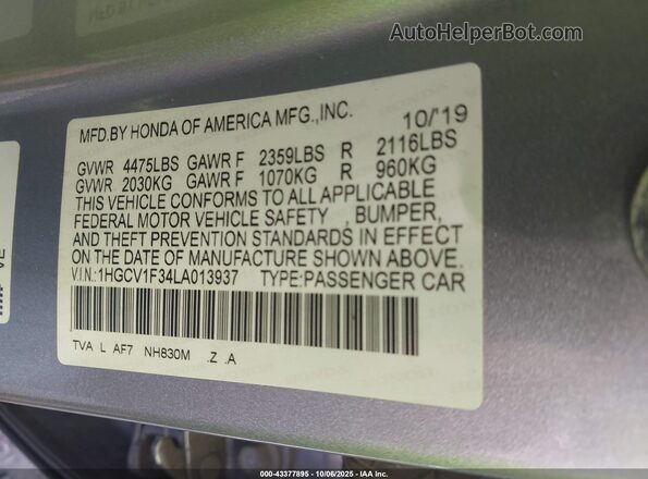 1HGCV1F34LA013937 2020 HONDA ACCORD Silver Շարժիչի բաժամունքի տեսք