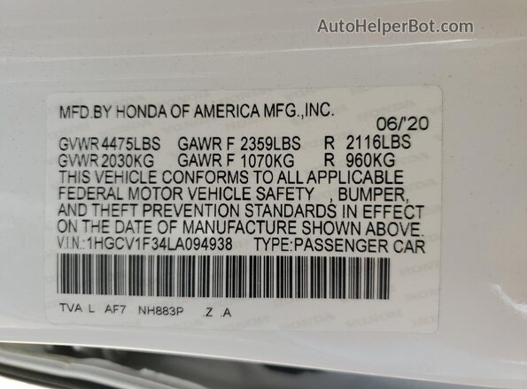 1HGCV1F34LA094938 2020 HONDA ACCORD White Շարժիչի բաժամունքի տեսք