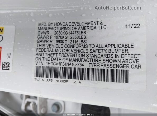 1HGCV1F34NA103754 2022 HONDA ACCORD White Engine compartment view