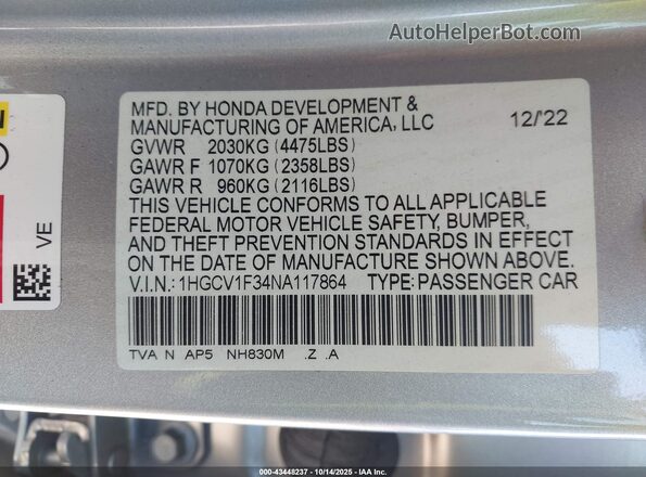 1HGCV1F34NA117864 2022 HONDA ACCORD Silver Widok komory silnika