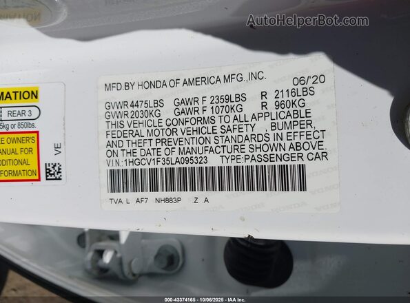 1HGCV1F35LA095323 2020 HONDA ACCORD White Engine compartment view