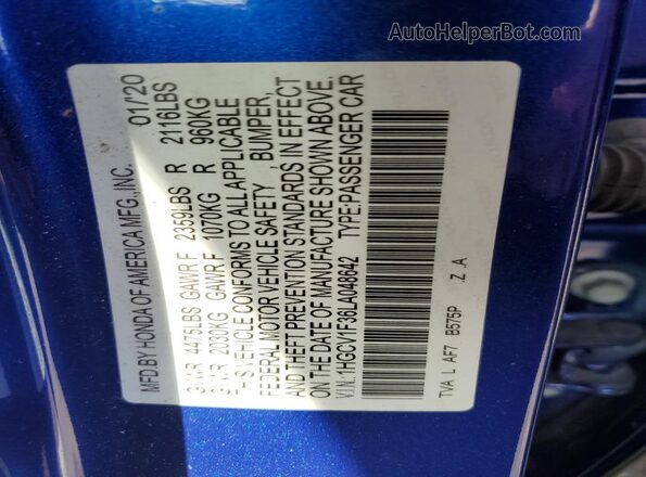 1HGCV1F36LA048642 2020 HONDA ACCORD Blue Engine compartment view