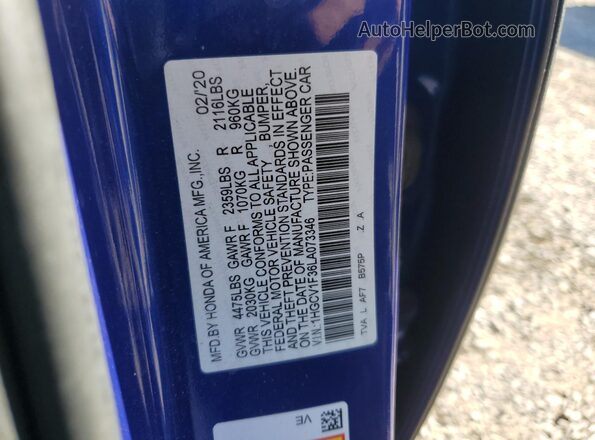 1HGCV1F36LA073346 2020 HONDA ACCORD Blue Շարժիչի բաժամունքի տեսք