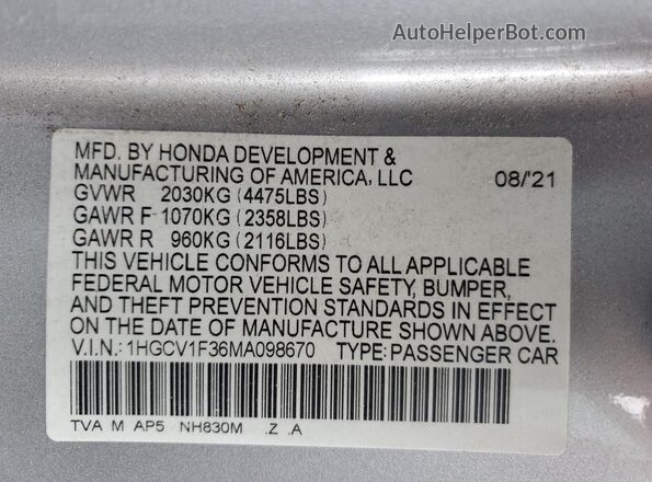 1HGCV1F36MA098670 2021 HONDA ACCORD Silver 
