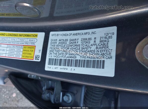 1HGCV1F37LA046429 2020 HONDA ACCORD Серый Вид подкапотного пространства