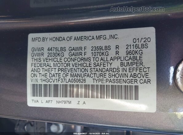 1HGCV1F37LA050626 2020 HONDA ACCORD Gray ძრავის განყოფილების ხედი