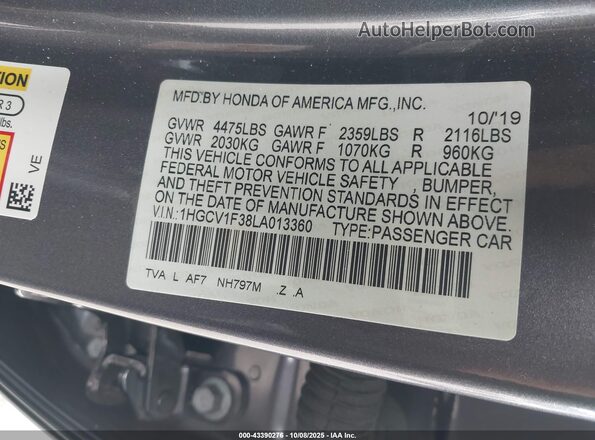 1HGCV1F38LA013360 2020 HONDA ACCORD Gray Շարժիչի բաժամունքի տեսք
