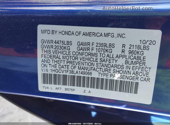 1HGCV1F38LA149066 2020 HONDA ACCORD Синий Вид подкапотного пространства
