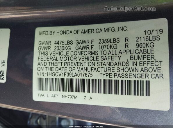 1HGCV1F39LA017675 2020 HONDA ACCORD Gray Շարժիչի բաժամունքի տեսք
