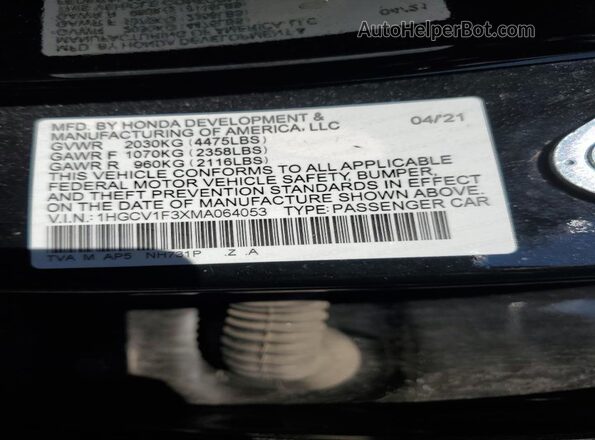 1HGCV1F3XMA064053 2021 HONDA ACCORD Black 