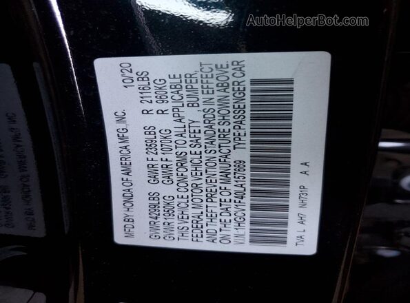 1HGCV1F40LA157669 2020 HONDA ACCORD Black Engine compartment view