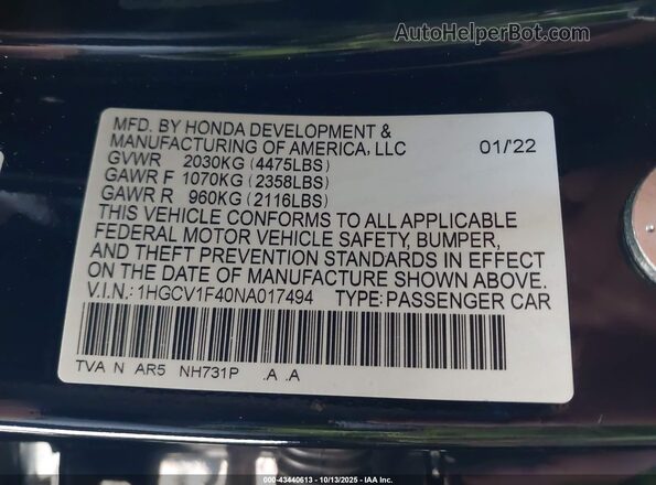 1HGCV1F40NA017494 2022 HONDA ACCORD Black Вид підкапотного простору