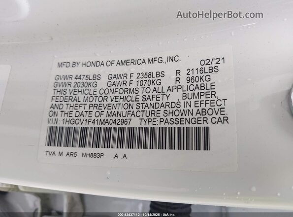 1HGCV1F41MA042967 2021 HONDA ACCORD White 