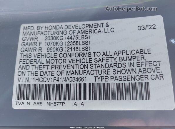 1HGCV1F41NA034661 2022 HONDA ACCORD Gray 