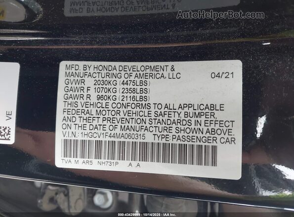 1HGCV1F44MA060315 2021 HONDA ACCORD Black 