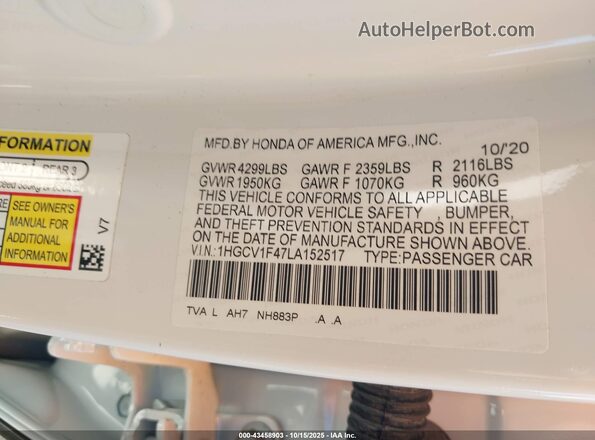 1HGCV1F47LA152517 2020 HONDA ACCORD White Շարժիչի բաժամունքի տեսք