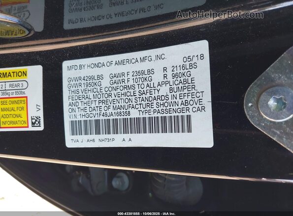 1HGCV1F49JA168358 2018 HONDA ACCORD Black Engine compartment view