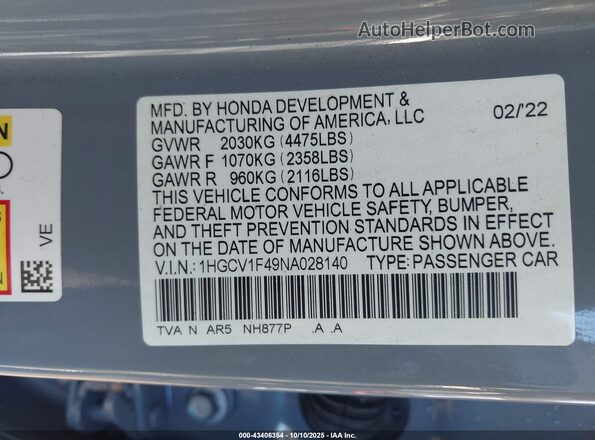 1HGCV1F49NA028140 2022 HONDA ACCORD Серый Вид подкапотного пространства