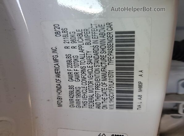 1HGCV1F51LA115701 2020 HONDA ACCORD White Widok komory silnika