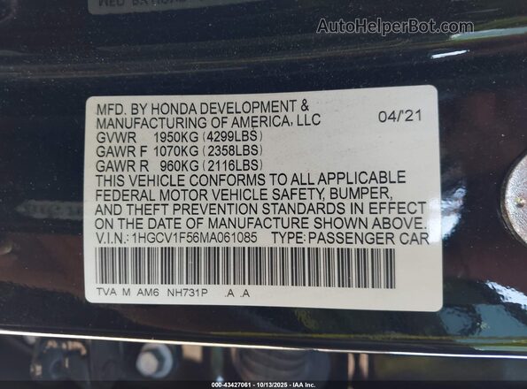 1HGCV1F56MA061085 2021 HONDA ACCORD Black 