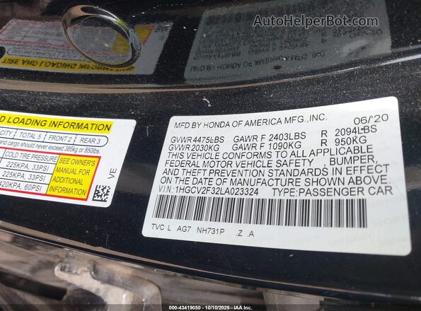 1HGCV2F32LA023324 2020 HONDA ACCORD Black Engine compartment view
