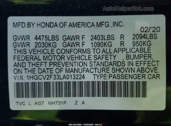 1HGCV2F33LA013224 2020 HONDA ACCORD Black Vista del compartimento del motor