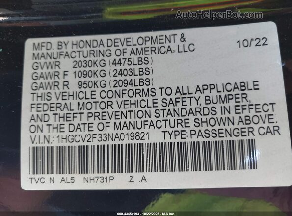1HGCV2F33NA019821 2022 HONDA ACCORD Black Widok komory silnika