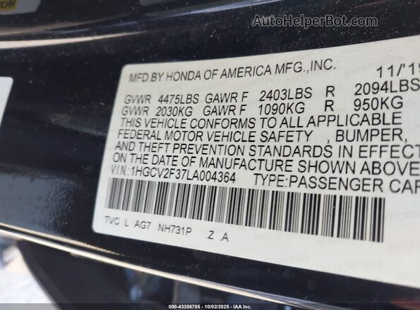 1HGCV2F37LA004364 2020 HONDA ACCORD Black Engine compartment view
