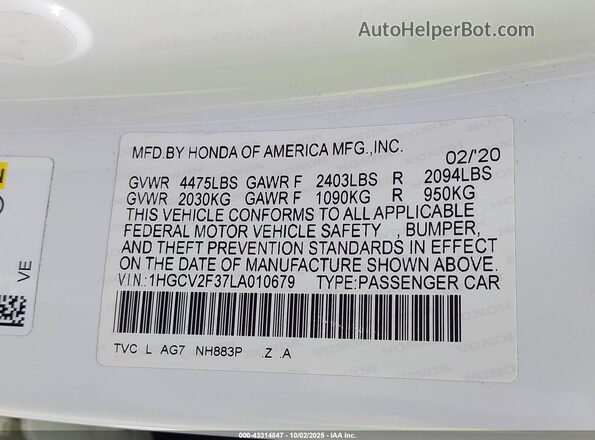 1HGCV2F37LA010679 2020 HONDA ACCORD Белый Вид подкапотного пространства