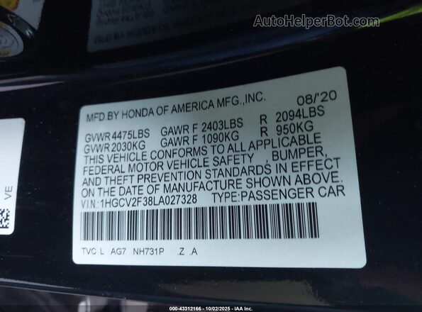 1HGCV2F38LA027328 2020 HONDA ACCORD Black Շարժիչի բաժամունքի տեսք