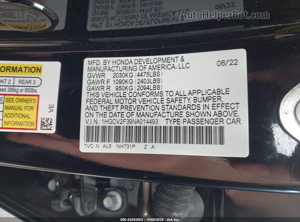 1HGCV2F39NA014493 2022 HONDA ACCORD Черный 