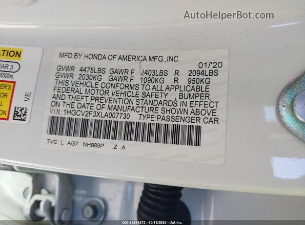 1HGCV2F3XLA007730 2020 HONDA ACCORD White Vista del compartimento del motor