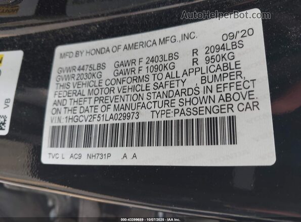 1HGCV2F51LA029973 2020 HONDA ACCORD Black Vista del compartimento del motor