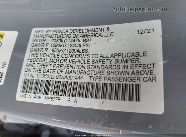 1HGCV2F92NA001444 2022 HONDA ACCORD Gray Вид підкапотного простору