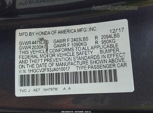 1HGCV2F93JA010017 2018 HONDA ACCORD Gray Vista del compartimento del motor