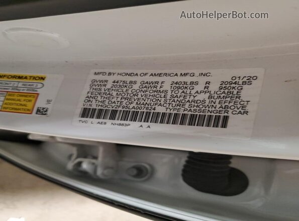 1HGCV2F95LA007624 2020 HONDA ACCORD White Շարժիչի բաժամունքի տեսք