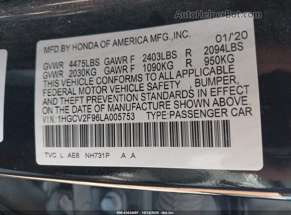 1HGCV2F96LA005753 2020 HONDA ACCORD Black Vista del compartimento del motor