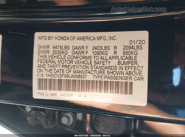 1HGCV2F99LA008937 2020 HONDA ACCORD Black Շարժիչի բաժամունքի տեսք