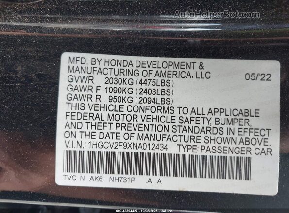 1HGCV2F9XNA012434 2022 HONDA ACCORD Black Вид підкапотного простору