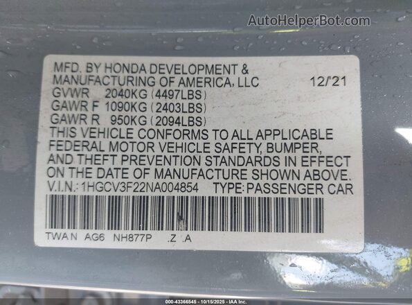 1HGCV3F22NA004854 2022 HONDA ACCORD Gray Vista del compartimento del motor