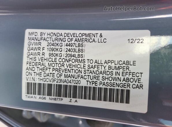 1HGCV3F23NA047020 2022 HONDA ACCORD Gray 
